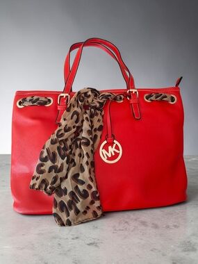 Michael Kors Red Saffiano Tote with Leopard Scarf Shoulder Bag gold Logo Mk